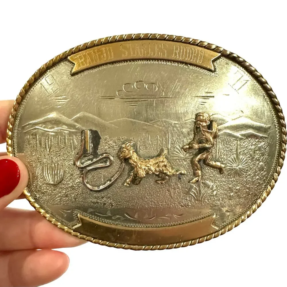 Vintage Irvine & Jachens German Silver 1971 Banjo Stables Rodeo Belt Buckle
